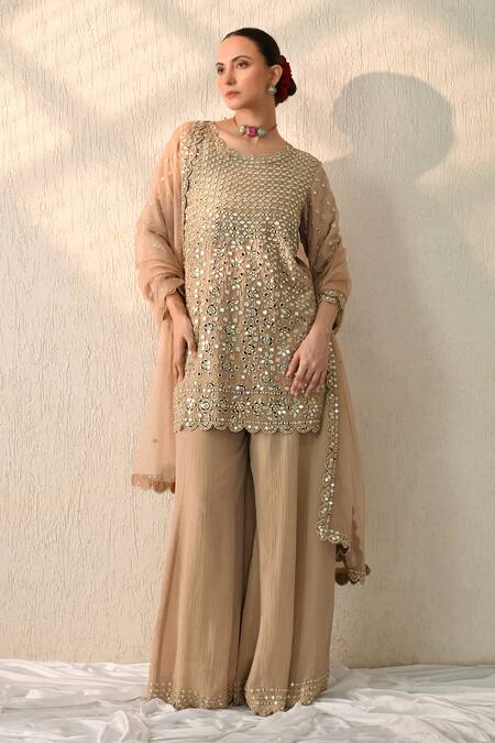 Shop_OHH CROW_Brown Chanderi Silk Mirrors Round Neck Floral Work Kurta Sharara Set _Online_at_Aza_Fashions