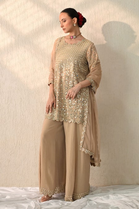 OHH CROW_Brown Chanderi Silk Mirrors Round Neck Floral Work Kurta Sharara Set _at_Aza_Fashions