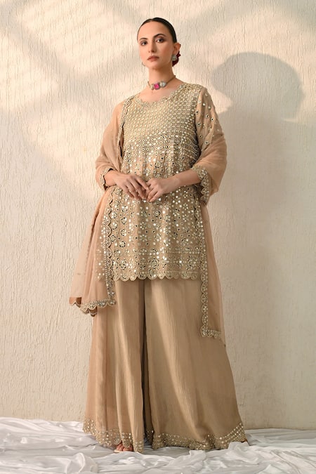 Ohh Crow Brown Chanderi Silk Mirrors Round Neck Floral Work Kurta Sharara Set 