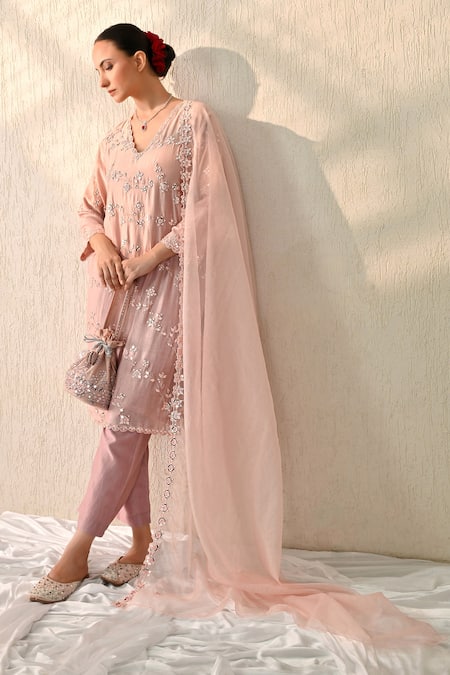 OHH CROW_Pink Chanderi , Chanderi, Embroidery V-neck Floral Kurta Pant Set _at_Aza_Fashions