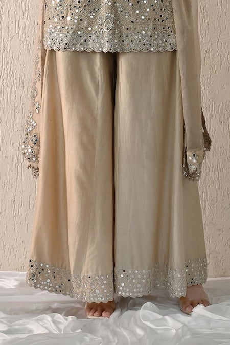 OHH CROW_Gold Chanderi Silk Sequins, Embroidery V-neck Hand Kurta Sharara Set _Online_at_Aza_Fashions