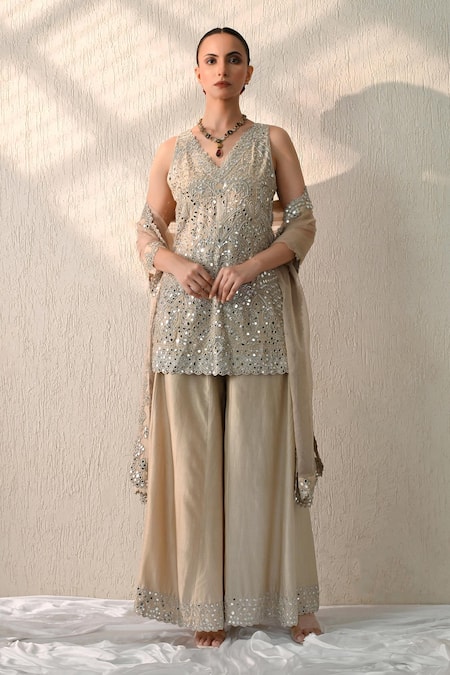 Buy_OHH CROW_Gold Chanderi Silk Sequins, Embroidery V-neck Hand Kurta Sharara Set _Online_at_Aza_Fashions
