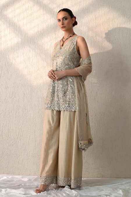 Shop_OHH CROW_Gold Chanderi Silk Sequins, Embroidery V-neck Hand Kurta Sharara Set _Online_at_Aza_Fashions