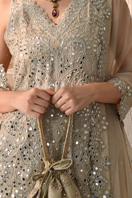 Buy_OHH CROW_Gold Chanderi Silk Sequins, Embroidery V-neck Hand Kurta Sharara Set 