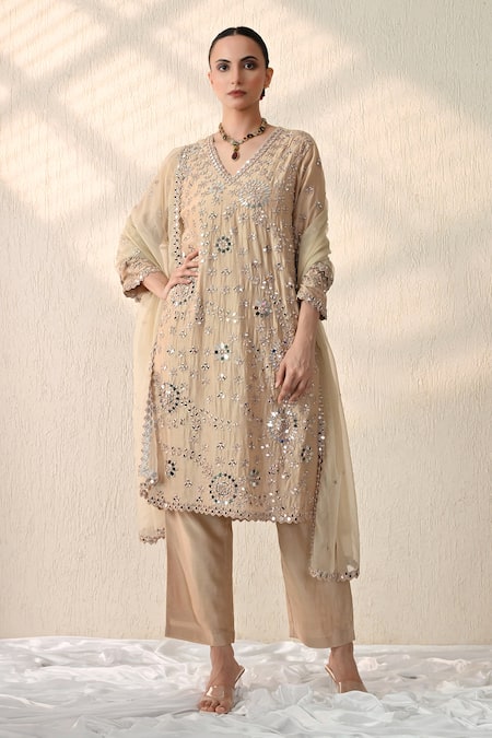 Ohh Crow Gold Chanderi Silk Mirrors, Embroidery, Sequins V-neck Bloom Kurta Pant Set 