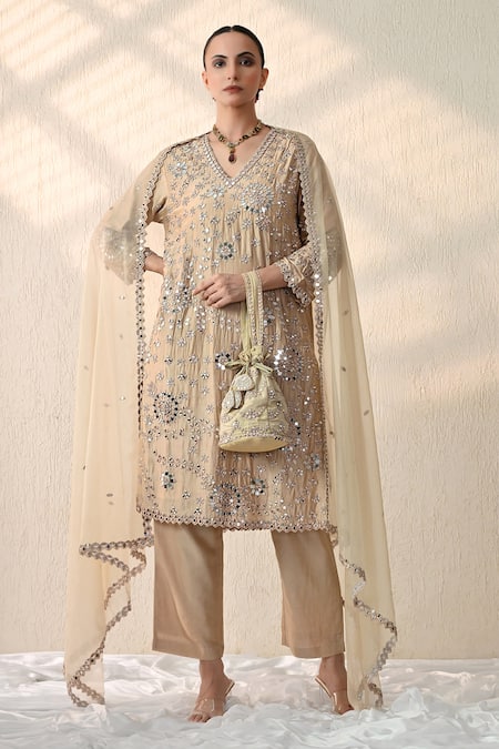OHH CROW_Gold Chanderi Silk Mirrors, Embroidery, Sequins V-neck Bloom Kurta Pant Set _Online_at_Aza_Fashions