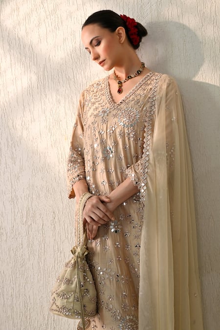 Shop_OHH CROW_Gold Chanderi Silk Mirrors, Embroidery, Sequins V-neck Bloom Kurta Pant Set _Online_at_Aza_Fashions