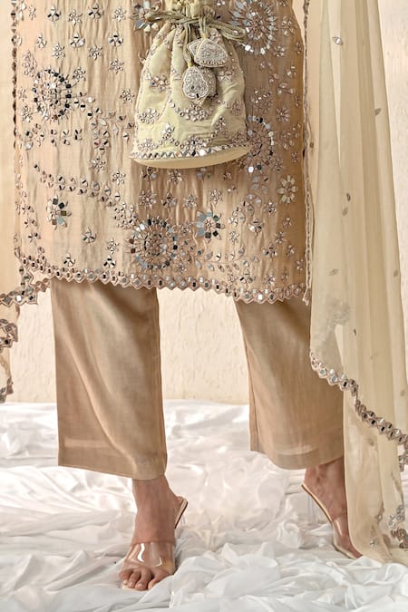 OHH CROW_Gold Chanderi Silk Mirrors, Embroidery, Sequins V-neck Bloom Kurta Pant Set _at_Aza_Fashions