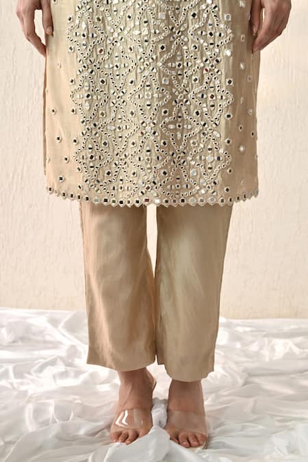 OHH CROW_White Silk, Sequins, Mirrors, Embroidery Round Kurta Pant Set _Online_at_Aza_Fashions