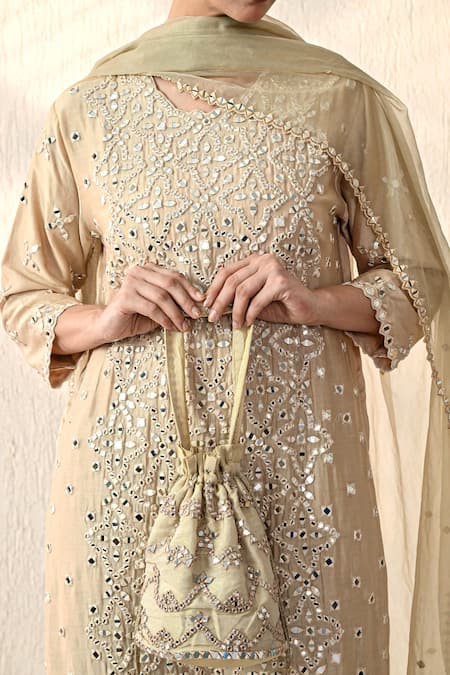 Shop_OHH CROW_White Silk, Sequins, Mirrors, Embroidery Round Kurta Pant Set _Online_at_Aza_Fashions