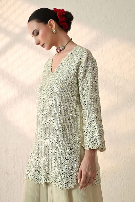 Buy_OHH CROW_White Chanderi Silk Mirrors V-neck Cluster Embroidered Kurta Sharara Set _Online_at_Aza_Fashions