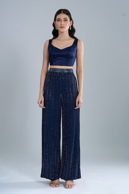 Buy_Ritika Mirchandani_Navy Crepe, Net, Georgette Crystals V-neck Flache Embroidered Jacket Pant Set 