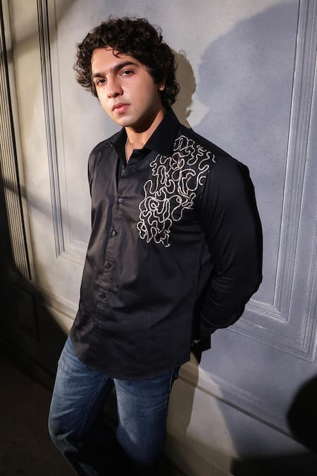 Shop Menero Black Cotton Embroidery Dabka Shirt at Aza Fashions Shop_Menero_Black Cotton Embroidery Dabka Shirt _at_Aza_Fashions