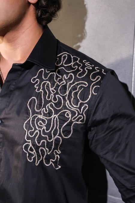 Menero Black Cotton Embroidery Dabka Shirt Online at Aza Fashions Menero_Black Cotton Embroidery Dabka Shirt _Online_at_Aza_Fashions
