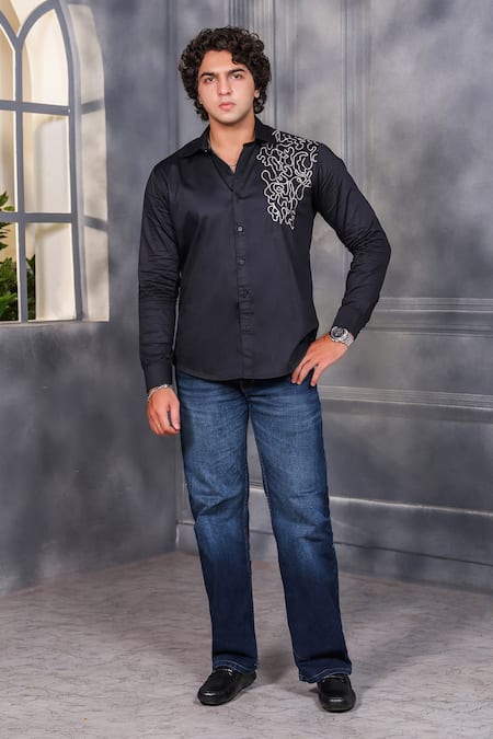 Menero Black Cotton Embroidery Dabka Shirt 