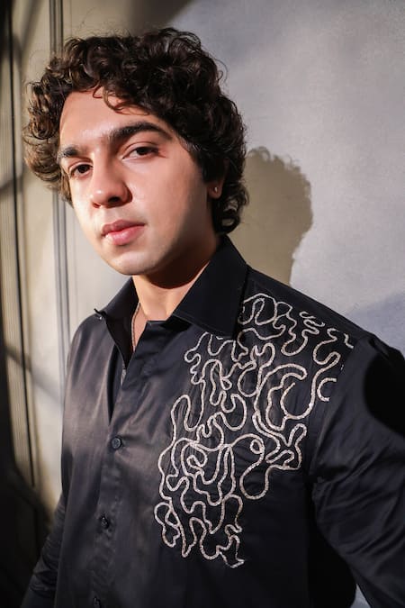 Buy Menero Black Cotton Embroidery Dabka Shirt Online at Aza Fashions Buy_Menero_Black Cotton Embroidery Dabka Shirt _Online_at_Aza_Fashions