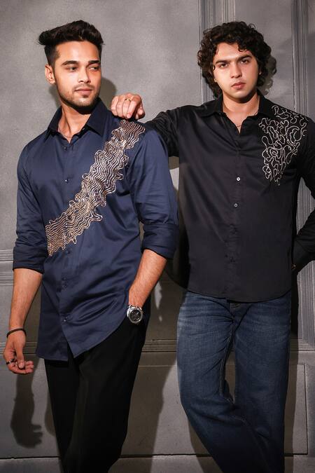 Menero Navy Cotton Embroidery Dabka Shirt Online at Aza Fashions Menero_Navy Cotton Embroidery Dabka Shirt _Online_at_Aza_Fashions