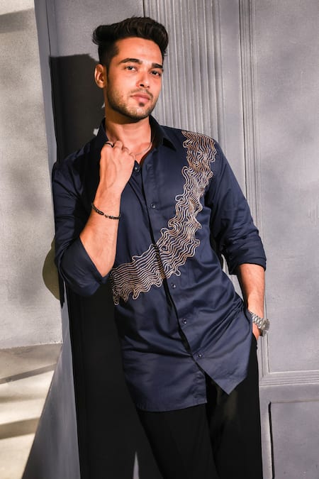 Shop Menero Navy Cotton Embroidery Dabka Shirt at Aza Fashions Shop_Menero_Navy Cotton Embroidery Dabka Shirt _at_Aza_Fashions