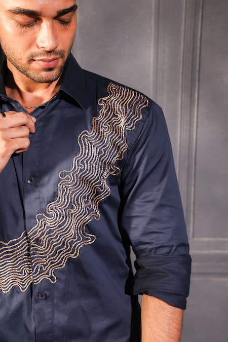 Buy Menero Navy Cotton Embroidery Dabka Shirt Online at Aza Fashions Buy_Menero_Navy Cotton Embroidery Dabka Shirt _Online_at_Aza_Fashions