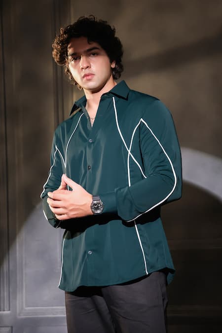 Menero_Green Crepe Full Sleeve Contrast Tape Pattern Shirt _Online_at_Aza_Fashions