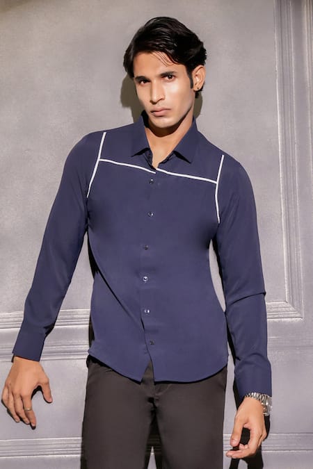 Menero Navy Crepe Contrast Tape Pattern Shirt 