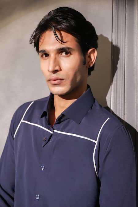Buy Menero Navy Crepe Contrast Tape Pattern Shirt Online at Aza Fashions Buy_Menero_Navy Crepe Contrast Tape Pattern Shirt _Online_at_Aza_Fashions