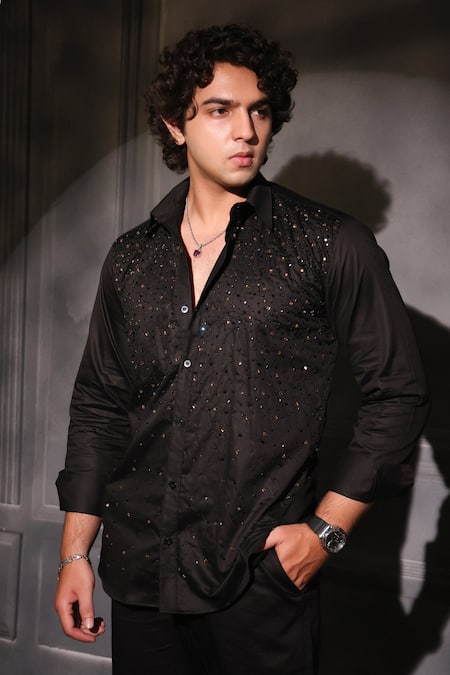 Menero Black Cotton Embroidery Hand Shirt 