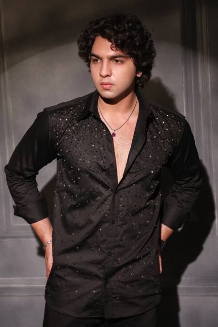 Menero Black Cotton Embroidery Hand Shirt Online at Aza Fashions Menero_Black Cotton Embroidery Hand Shirt _Online_at_Aza_Fashions