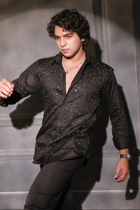 Shop Menero Black Cotton Embroidery Hand Shirt Online at Aza Fashions Shop_Menero_Black Cotton Embroidery Hand Shirt _Online_at_Aza_Fashions