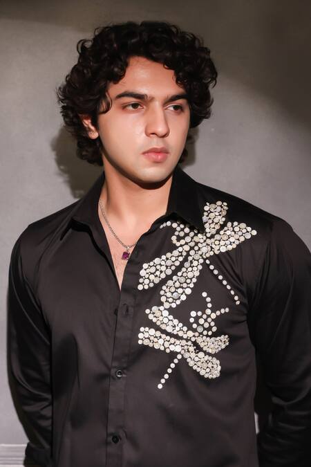 Menero Black Cotton Pearls Embroidered Shirt Online at Aza Fashions Menero_Black Cotton Pearls Embroidered Shirt _Online_at_Aza_Fashions
