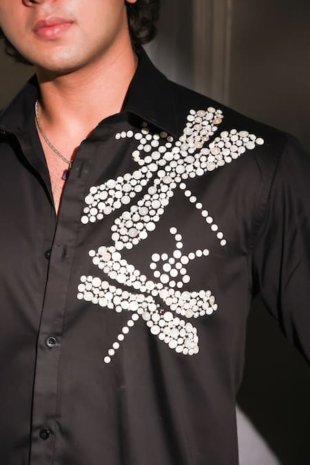 Buy Menero Black Cotton Pearls Embroidered Shirt Online at Aza Fashions Buy_Menero_Black Cotton Pearls Embroidered Shirt _Online_at_Aza_Fashions