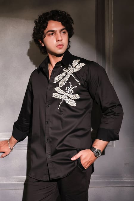Shop Menero Black Cotton Pearls Embroidered Shirt Online at Aza Fashions Shop_Menero_Black Cotton Pearls Embroidered Shirt _Online_at_Aza_Fashions