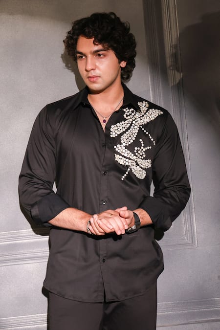 Shop Menero Black Cotton Pearls Embroidered Shirt at Aza Fashions Shop_Menero_Black Cotton Pearls Embroidered Shirt _at_Aza_Fashions
