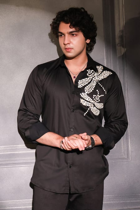 Menero Black Cotton Pearls Embroidered Shirt