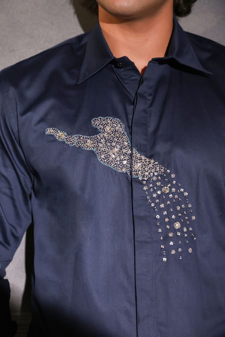Menero_Navy Cotton Crystals Jaguar Motif Detailed Shirt _Online_at_Aza_Fashions