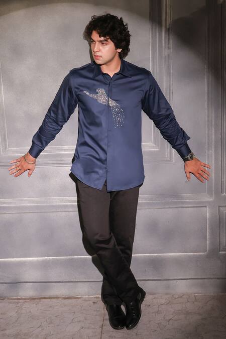 Buy_Menero_Navy Cotton Crystals Jaguar Motif Detailed Shirt _Online_at_Aza_Fashions