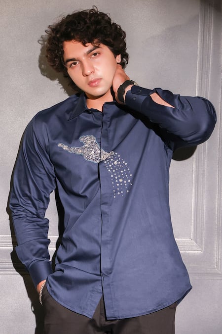 Shop_Menero_Navy Cotton Crystals Jaguar Motif Detailed Shirt _Online_at_Aza_Fashions