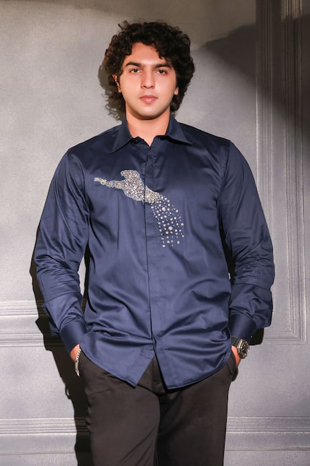 Menero_Navy Cotton Crystals Jaguar Motif Detailed Shirt _at_Aza_Fashions
