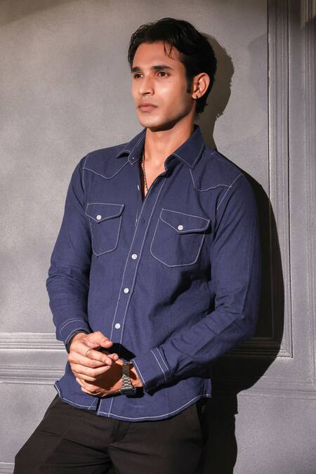 Menero Navy Cotton, Denim Pure Shirt Online at Aza Fashions Menero_Navy Cotton, Denim Pure Shirt _Online_at_Aza_Fashions