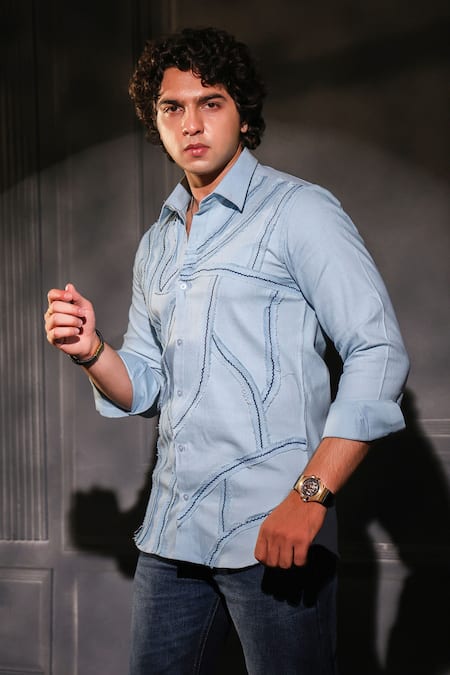 Menero_Blue Cotton, Denim Embroidery Light Lace Detailed Shirt _Online_at_Aza_Fashions