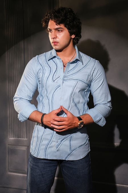 Menero Blue Cotton, Denim Embroidery Light Lace Detailed Shirt 
