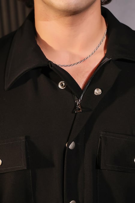 Shop_Menero_Black Crepe, Cotton, Lycra Front Pocket Shirt _Online_at_Aza_Fashions