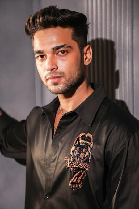 Buy_Menero_Black Cotton Embroidery Pure Shirt _Online_at_Aza_Fashions