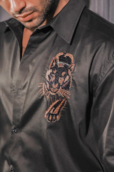 Shop_Menero_Black Cotton Embroidery Pure Shirt _Online_at_Aza_Fashions
