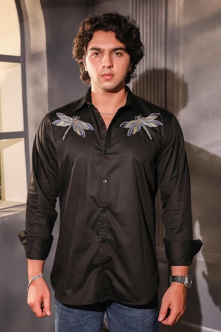 Menero Black Cotton Embroidery Sequin Shirt