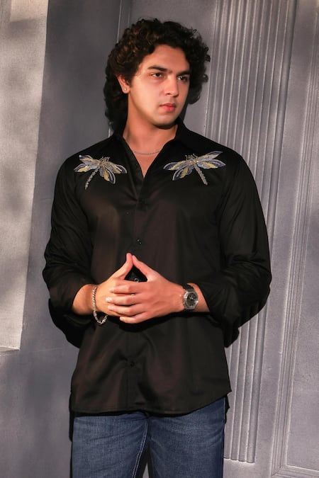 Buy_Menero_Black Cotton Embroidery Sequin Shirt _Online_at_Aza_Fashions