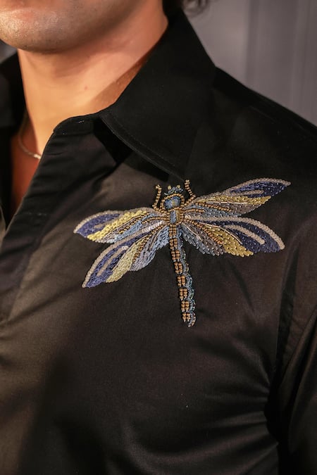Menero_Black Cotton Embroidery Sequin Shirt _at_Aza_Fashions
