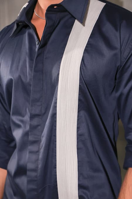 Menero_Navy Cotton Blue Pure Shirt _at_Aza_Fashions