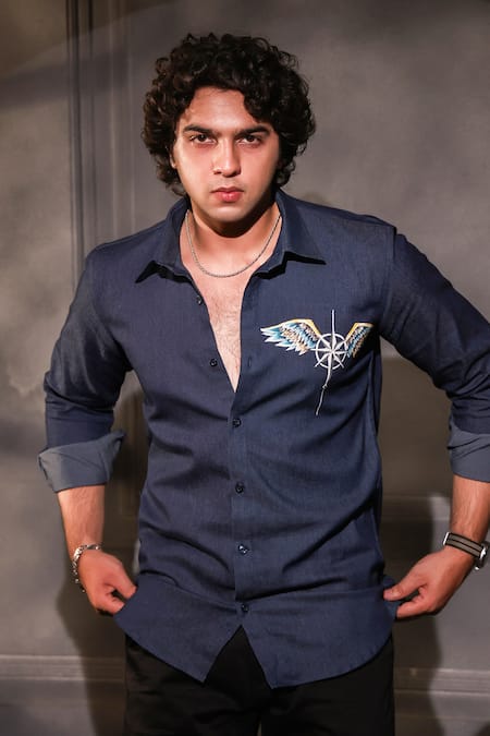 Menero Navy Cotton, Denim Embroidery Dark Blue Pure Patch Work Shirt 