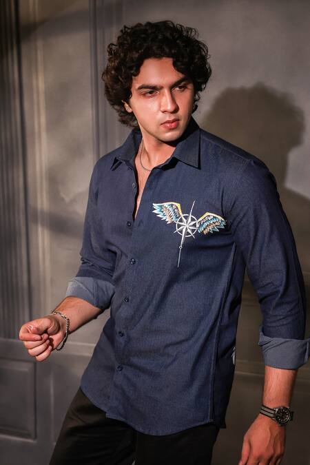 Menero_Navy Cotton, Denim Embroidery Dark Blue Pure Patch Work Shirt _Online_at_Aza_Fashions